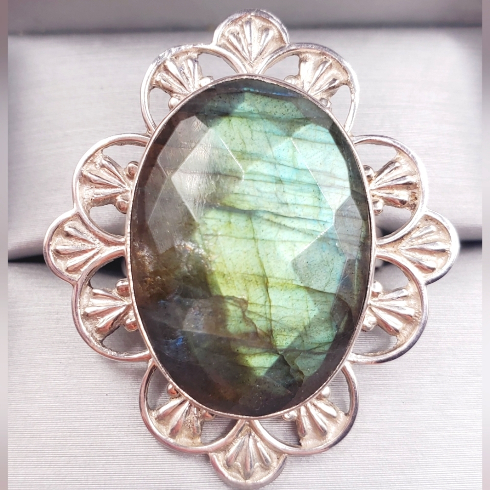 925 Sterling Silver Ring Blue Green Labradorite Ring Statement Ring Face…